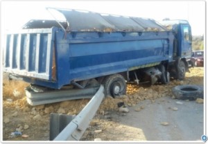 بالصور .. العناية الالهية تحول دون وقوع كارثة اثر تدهور تريلا في جرش