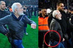 بالفيديو...رئيس فريق يوناني يحتج على حكم المباراة بالمسدس!