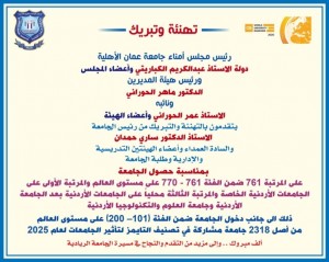 مجلس الأمناء وهيئة المديرين لجامعة عمان الاهلية يهنئون رئيس وأسرة الجامعة على الإنجازات الريادية بالتصنيفات العالمية